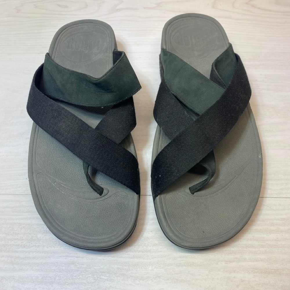 FitFlop Mens 12 Trakk II Cross Strap Sandal Microwobbleboard Black Grey Leather